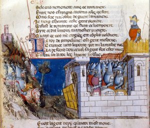 Sang af gestus: en hær pågriber for at angribe fjendens hær tilflugt i et slot og beskyttet af vindebroen. Miniature fra det fransk-italienske manuskript "" Entree d