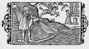 Troldmand krydser havet ved hjælp af et lotteri - i "History of the Northern Nations" af Olaus Magnus, Rom 1555 af Unknown artist