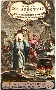 Troldkvinder tilbereder eliksirer overvåget af djævle, frontispice fra ""Spøgelsernes og tilsynekomsternes magi i profetiernes og spådommens ånd"", af Henningus Grosius af Unknown artist
