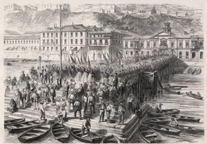 Sydamerikansk Hispano-krig mellem Chile og Spanien, september 1865: damerne fra Valparaiso, i nærværelse af den spanske eskadron, der blokerer havnen, synger patriotiske salmer - indgravering i "" The Illustrous World" af Unknown artist