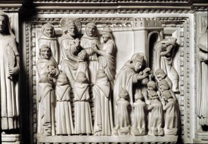 Skt. Augustins ark med relikvier af helgenen, detalje af relieffet, der viser disputationen og dåben af St. Augustin. Marmor skulptur af Unknown artist