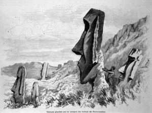 Statuer placeret på skråningen af vulkanen Ronoraraka på Påskeøen (Rapa Nui). Indgravering 1871. af Unknown artist