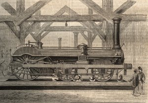 Damplokomotivmodel, Crampton-system ved navn Thomas Russell Crampton (1816-1888). Stik fra 1856. af Unknown artist