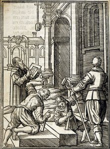 Stenklippere arbejder på opførelsen af en katedral - gravering af Unknown artist