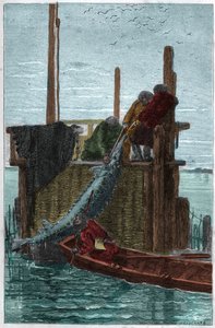 Størfiskeri i Volga-floden. (Stør) (Acipenser sturio) af Unknown artist