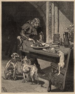 Bordkunst: skærer mad, inden gaflen kommer. En mand holder kødet med et ark papir i den ene hånd og bruger sin kniv i den anden. Indgravering fra 1885 i "" Les arts et metiers illustres"" af Adolphe BITARD. af Unknown artist