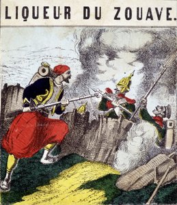 Tag "" Liqueur du Zouave"": en Zouave, der kæmper mod fjender. sd. 19. århundrede af Unknown artist