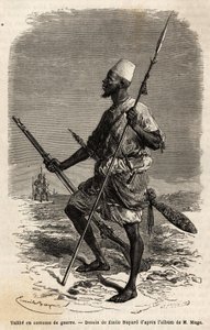 Talibe (en ung studerende, der studerer Koranen) fra hæren af kong Ahmadu (Toucouleur), i en krigsdragt. Gravering til illustration af løjtnant (Flåden) M. Mages rejse til Vestsudan i 1863-1866, offentliggjort i "Le tour du monde, nouveau journal des voyag af Unknown artist