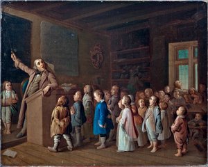 Undervisning i landskolen, Anonym. Olie på lærred, første halvdel af det 19. århundrede., Statens museum for religionshistorie, Skt. Petersborg af Unknown artist