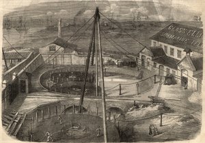 Telegrafi: Det transatlantiske kabel produceret på glasfabrikken, Elliot and Company i East Greenwich (England) er klar til at blive leveret. Indgravering i ""The Illustrated London News"" af 14. marts af Unknown artist