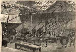 Telegrafi: Fremstilling af transatlantisk kabel. Maskiner, der belægger guttaperka-kablet på Glass, Elliot and Company-fabrikken på Wharf Road i London, England. Indgravering i ""The Illustrated London News"" af 14. marts af Unknown artist
