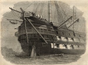 Telegrafi: udsigt til agterstavnen af skibet H.M.S. "Agamemnon"", som vil lægge det første transatlantiske kabel. Indgravering i ""The Illustrated London News"" af 5. juni af Unknown artist