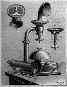 Telefoni i Sverige: model af en telefon fra Ericsson Company. Indgravering i "" La Nature: revue des sciences et de leurs applications aux arts et a l