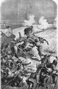 Den 75-årige veteran John Talot blev dømt til at lede en ekspedition på 3000 mand, som barkerede i Guyenne den 17. oktober 1452. Indgravering, der repræsenterer Talbots død i kamp. Indgravering af det 19. århundrede. af Unknown artist
