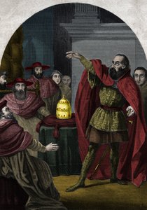 Modpaven Johannes XXIII (Antipapa Giovanni 23) (1410-1415) (Baldassarre Cossa) blev udråbt til suveræn pave af koncilet i Pisa i 1410. Indgravering fra 1842 i "Histoire des popes"" af Maurice Lachatre. Privat samling. af Unknown artist