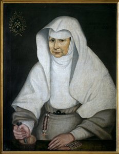 Apotekersøsteren Pierrette Monnet (1557-1628), på Hotel Dieu de Beaune. Repræsenteret med en morter og hans støder har sin hånd. Anonym maleri, olie på lærred af Unknown artist