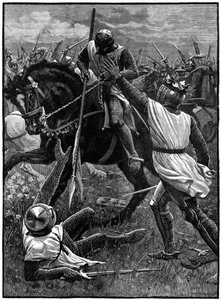 Slaget ved Evesham, 4. august 1265. (c1800). Evesham markerede afslutningen på den anden baronkrig. Royalistiske styrker ledet af prins Edward (Edward I) besejrede Simon de Montfort (c1208-1265), som blev dræbt i slaget. Her Henrik III (1207-1272), der hav af Unknown artist
