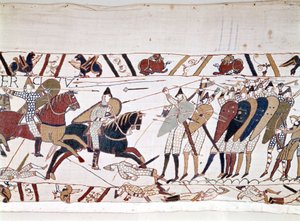 Slaget ved Hastings, vundet af Vilhelm I Erobreren (1027 - 1087) den 14/10/1066 og hvorunder kong Harold II af England døde (1022 - 1066). Bayeux-tapet, kendt som Broderi af Dronning Mathilde af Unknown artist