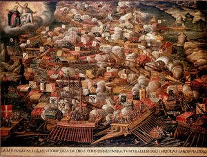 Slaget ved Lepante ud for Grækenlands kyst modsatte en spansk, venetiansk og pavestyrke til osmannerne i 1571. Anonymt maleri. 16. århundrede. Venedig Museo Correr af Unknown artist