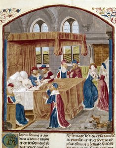 The Birth of Jules Cesar - Miniature uddrag fra Facts of the Romans af Jules Cesar a Domitian, tekster af Lucan (39-65), Suetone (70-122) og Salluste (86-34 f.Kr.) af Unknown artist