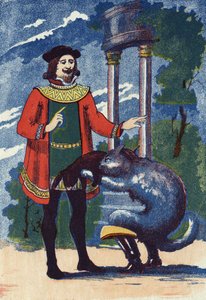 Støvlekatten tilbyder en kanin til kongen. Illustration til "" Le chat Botte"", fortælling af Charles Perrault (1628-1703), fransk forfatter. Anonym illustration. Billedmateriale Marcel Vagne, Jarville Nancy, udateret (slutningen af det 19. århundrede). af Unknown artist