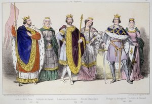 Kapetianerne. Fra venstre mod højre: Ludvig VI siger Gros (1081 - 1137), Adelaide eller Alix af Savoyen (? -1154), Ludvig VII siger den yngre (1120 - 1180), Alix af Champagne (1140-1206), Filip II siger Augustus (1165-1223) og Isabella af Hainaut (1170-119 af Unknown artist