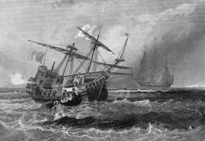 Corbin tabte på revet på Maldiverne 1. juli 1602. I "" General History of the Navy"" af Van Tenac af Unknown artist