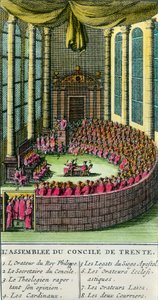 Koncilet i Trent. Illustration med beskrivelse af de tilstedeværende medlemmer ved forsamlingen. Koncilet i Trent blev indkaldt af pave Paul III (repræsentant for den romersk-katolske kirke) i 1545 som svar på anmodninger fra Martin Luther i f. af Unknown artist