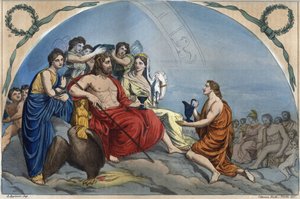 The Council of the Gods (eller Assembly of the Gods): Zeus på Olympus omgiver guddommelige - Olympus-gravering fra "" Skikke for alle mennesker i universet. Det er historien om regeringen, lovene, militsen, om alle nationers religion d af Unknown artist