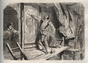 Jean Goujons død (1510-1562 eller 1569), døde ifølge en legende i 1572 under Saint Barthelemy - indgravering i "" Dictionnaire populaire illustrious"" - 1864 - af Joseph Decembre og Edmond Allonier - af Unknown artist