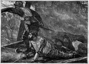 Juans død af La Cosa - Juan de la Cosas død (1460-1510) kartograf, conquistador og spansk opdagelsesrejsende i Cartagena, Colombia - gravering af 1887 af Unknown artist