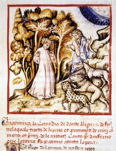 Den guddommelige komedie af Dante Alighieri. Miniature af Dante, Virgil og de tre bæster. 14. århundredes manuskript. Kommunal Bibl. af Rimini. af Unknown artist