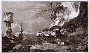 Påskeøen (Rapa Nui) i Polynesien efter "Viaggi del Capitano Cook", indgravering fra det 19. århundrede. af Unknown artist