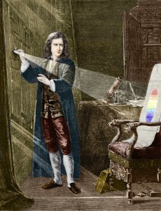 Den engelske fysiker Isaac Newton (1642-1727) nedbryder lys med et prisme af glas. Stik fra 1880. af Unknown artist