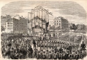 Festerne i Paris, Italiens hærs indtog i Paris, Triumfbuen på Place de la Bastille, der repræsenterer fronten af Milano-katedralen - Troppernes tilbagevenden efter Risorgimento, Paris af Unknown artist