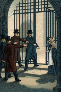 De fire sergenter (Bories, Pomier, Raoulx og Goudin) fra La Rochelle anklaget under restaureringen for at ville vælte monarkiet og guillotinerne i 1822. Deres forbrydelse er at tilhøre Charbonnerie (Carboneria). af Unknown artist