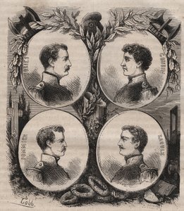 De fire sergenter (Jean Francois Bories (1795-1822), Jean Joseph Pommier (1796-1822), Marius Claude Raoulx (1797-1822)) og Charles Goubin (1798-1822) fra La Rochelle anklaget under restaurationen for at ville vælte monarkiet og guillotinerne i 1822 af Unknown artist