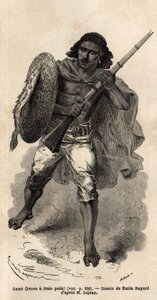 The Game, eller modig har tre hår, abessinisk pistolsoldat. Indgravering til illustration af turen til Abessinien, i 1862 af Guillaume Lejean, i "Le tour du monde, nouveau journal des voyages"" udgivet under ledelse af Edouard Charton af Unknown artist