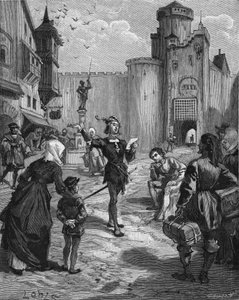 Den tyske ridder, digter og humanist Ulrich von Hutten (1488-1523) erklærer et af sine digte på gaden. Indgravering af det 19. århundrede. I "Histoire de France" af Jules Michelet af Unknown artist