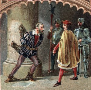 Kongen af Frankrig Ludvig XII har Ludovic Marie Sforza, kendt som More (Ludovico Maria Sforza detto il Moro) (1452-1508) indespærret i slottet Loches, i Touraine. Kromolitografi i slutningen af det 19. århundrede af Unknown artist