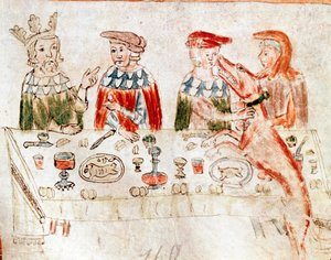 Kongen af francerne Pepin III Briefen (714-768) og hans søn Karl den Store ved en miniaturebanket fra et manuskript fra det 12. århundrede. Venedig. Biblioteca nazionale marciana. af Unknown artist