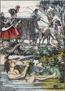 Markisen de Carabas lader som om han drukner, mens støvlekatten tilkalder hjælp. Illustration af fortællingen "The cat botte" af Charles Perrault af Unknown artist