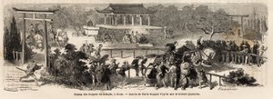 Mikado (kejser af Japan) væbnermarken i Kioto (eller Kyoto), trænings- og træningsbane for kejserlige heste. Indgravering til illustration af rejsen til Japan i 1863-1864 af Aime Humbert, minister for Det Schweiziske Forbund, i "Le tour du monde, nouveau af Unknown artist