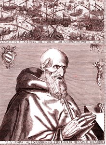 Pave Pius V indgår alliance med den spanske flåde og Venedigs italienske flåde mod tyrkerne i slaget ved Lepante i oktober 1571 af Unknown artist