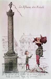 Refleksionen af en Elendig - Og at sige, at min drøm om storhed ikke kunne rejse sig op til ham..., Tag en stige, far, du kommer derhen...!. Tegnefilm om Napoleon III (1808 - 1873), der ser på Vendôme-søjlen med sin søn. Indgravering af perioden. af Unknown artist