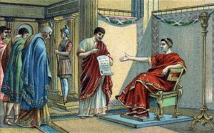 Den romerske kejser Konstantin (272-337) etablerede de første religiøse love om ligestilling af tro. Kromolitografi i slutningen af det 19. århundrede. af Unknown artist
