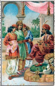 Sultanen og hans sønner. Historien om Prins Ahmed og gebyret Paris-Banou (Pari Banou) (Paribanu). Fortælling om 1001 nætter (fortællinger om de tusinde og en nat). Kromolitografi i slutningen af det 19. århundrede. af Unknown artist