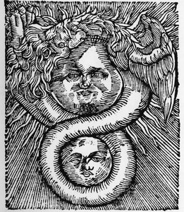 Solen og månen: forenet af dragen - gravering fra Basil Valentines værk "Filosofernes Azoth". Paris af Unknown artist
