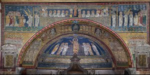 Visionen om det himmelske Jerusalem: De udvalgte bydes velkommen af englene. Nedenfor Guds lam. Detalje. Mosaik omkring 830. Triumfbue for basilikaen Santa Prassede, Rom af Unknown artist