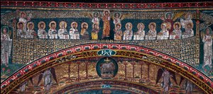 Visionen om det himmelske Jerusalem: De udvalgte bliver budt velkommen af englene. Nedenfor Guds lam. Detalje. Mosaik omkring 830. Triumfbue for basilikaen Santa Prassede, Rom af Unknown artist